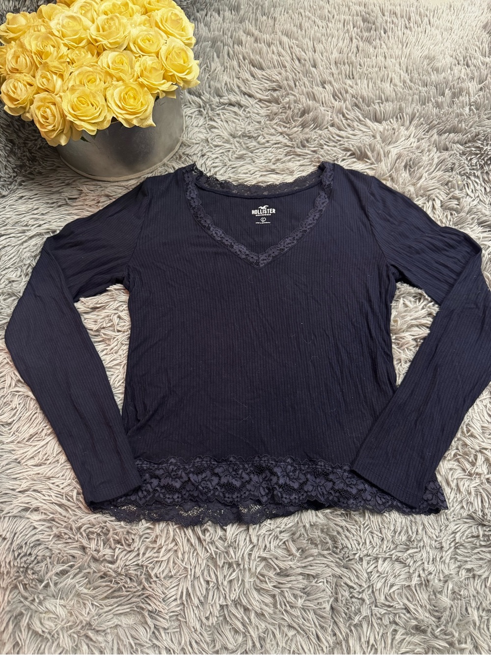 Hollister Navy Lace-Trim V-Neck Long Sleeve Top